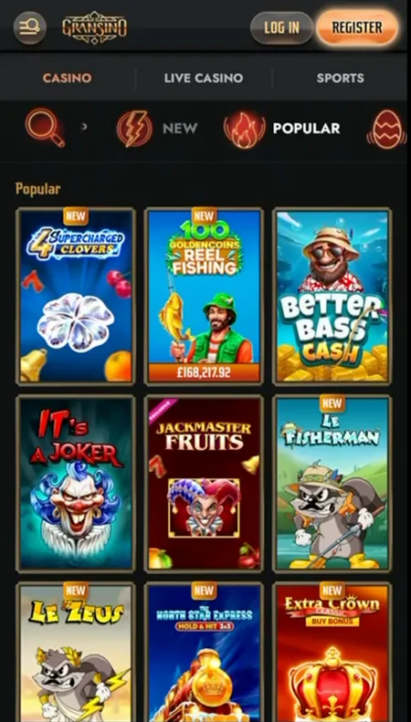 Gransino Casino mobile lobby with popular slots