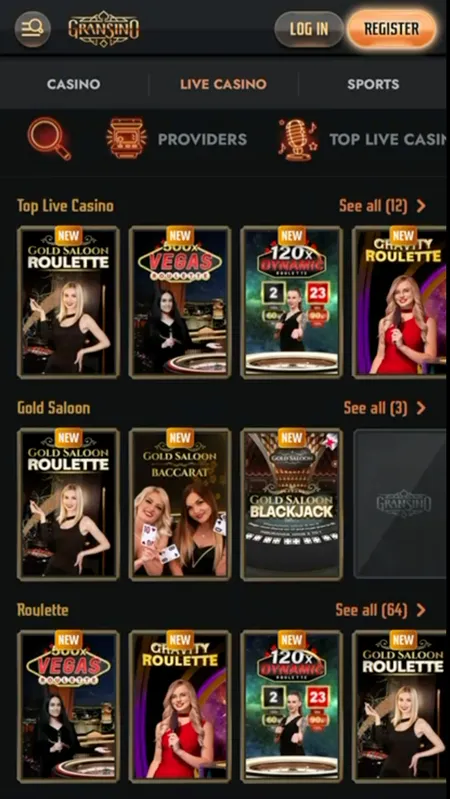 Gransino live casino lobby with roulette and blackjack tables