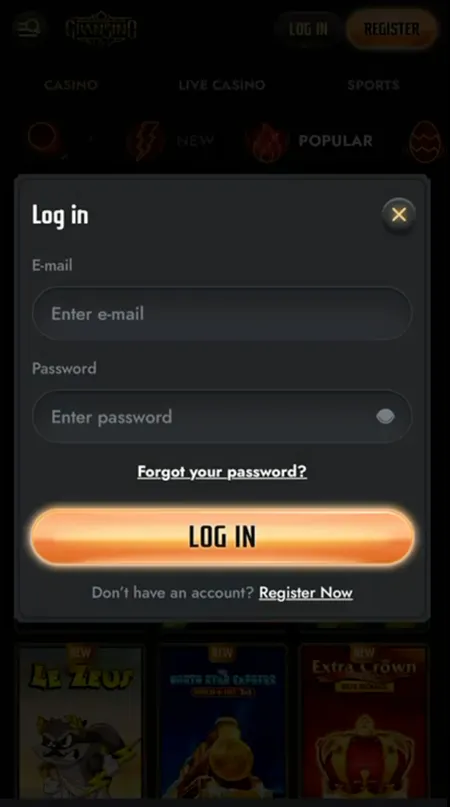 Gransino login modal before accessing cashier