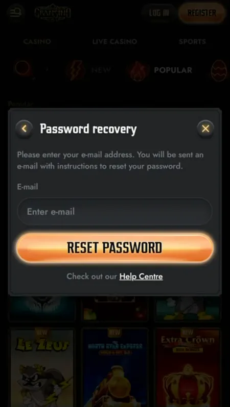 Gransino password recovery modal with email field