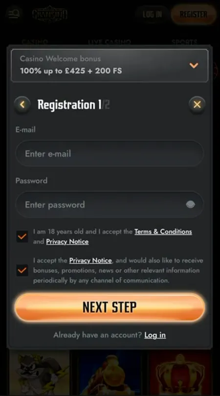 Gransino registration step 1 email and password