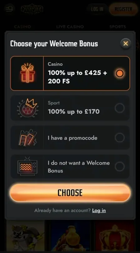 Welcome bonus choice modal at Gransino Casino