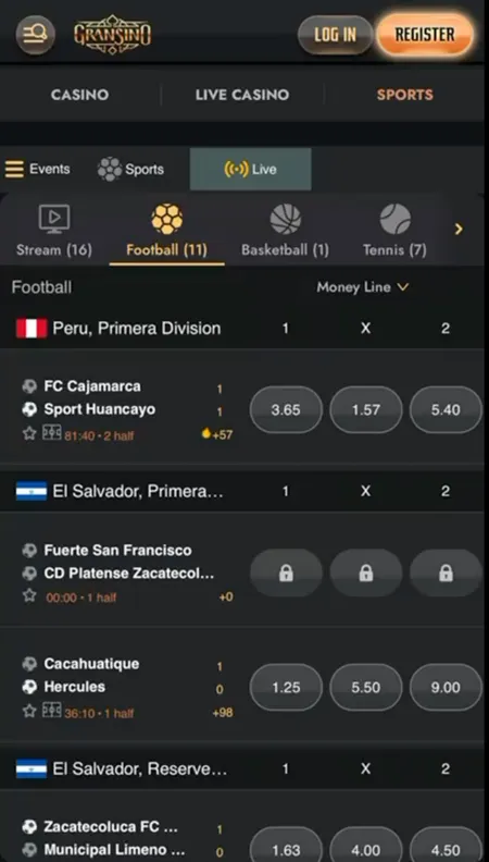 Gransino live football betting with real-time odds